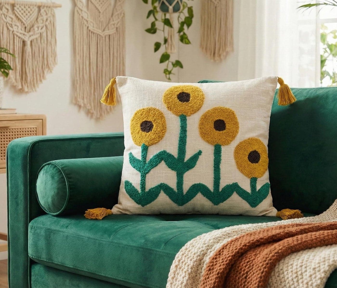 Furnistitchs Handmade Cotton Bohemian Home Decor Cushion Cover 24x24 inches / 60x60 cms - Boho Chic Couch Sofa Throw Living Room Bedroom Cushions (2, Cream Tree)