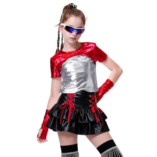 LOLANTA Girls Metallic Dance Tshirts Fashion Holographic Jazz Dance Festival 90s Outfits for Kids (Red, 6-7 Years)