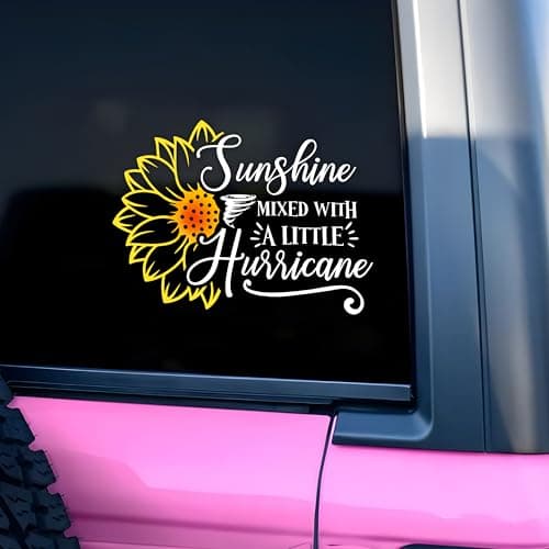 Sunshine Mixed With A Little Hurricane Car Decal Funny Sunflower Girly Positive Humor Car Window Mirror Decal Accessories Affirmations Vinyl Waterproof 8 Inches Bumper Sticker Gifts for Mom Dad Friend