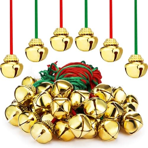 Gejoy 48 Pieces Christmas Bell Necklace for Kid Gold Jingle Bell Holiday Necklace Bulk with Rope for Santa Craft Christmas Party Supplies Red and Green Cords