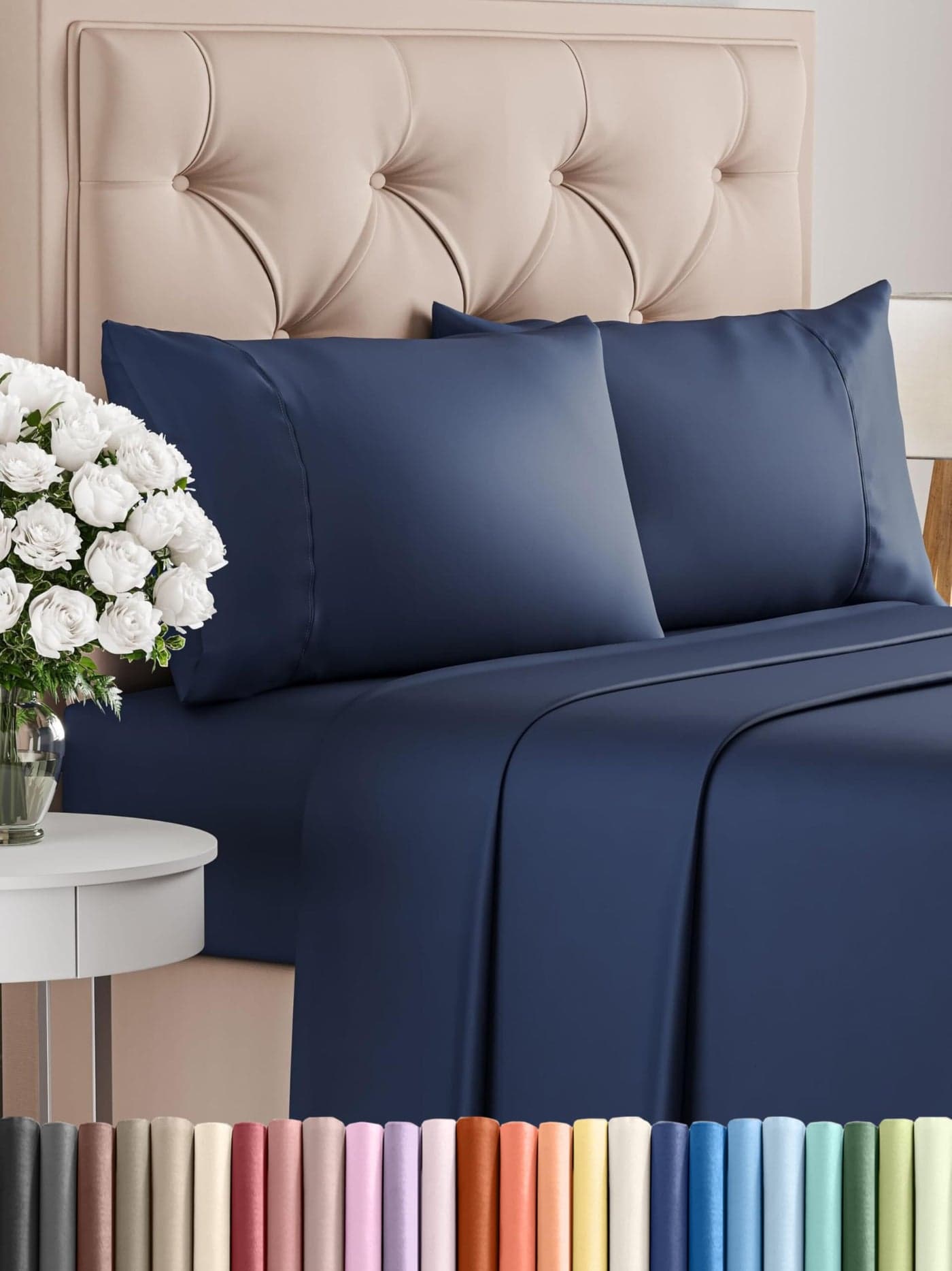 400 Thread Count Cotton Sheet Set King Size 100 Cotton Sheets Easily Fits 8 to 16 Mattress SilkySoft Wrinkle Free Breathable Comfy Deep Pockets Hotel Quality Bedding Set Navy Blue