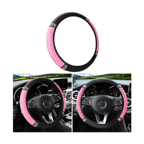 Bling Soft Leather Steering Wheel Cover, 15 Inch Colorful Rhinestones Auto Elastic Steering Wheel Protector, Sparkly Crystal Diamond for Women Girls, Car Accessories for Most Cars (Pink)