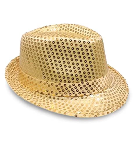 Mozlly Glamorous Gold Sequin Fedora Hat Flashing Disco Retro Funky Glitter Sparkly Universal Luxurious Costume Caps Party Favor Games Banquet Wedding Novelty Headwear Accessories 11 Inch