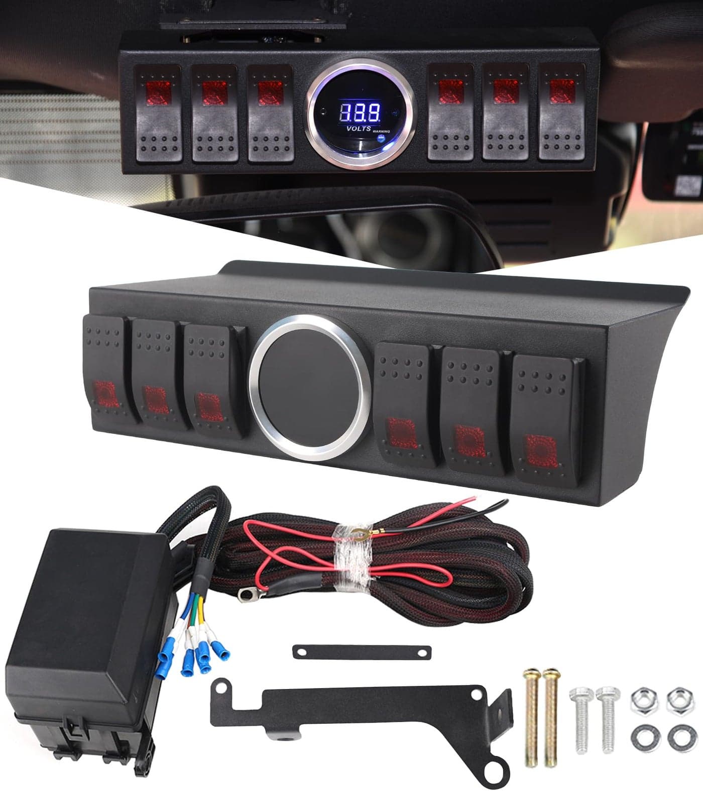 PKEDUO 6 Gang Rocker Switch Panel Overhead with Relay Box Control System Compatible with 2007-2017 Jeep Wrangler JK Sahara Rubicon(NOT for 2018+ JL Models)