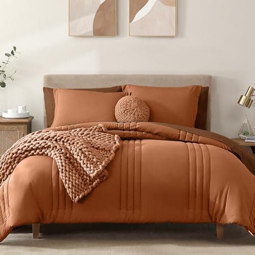 Monbix Oversized King Size Comforter Set - 7 Pieces Burnt Orange Bed in a Bag Oversized King Bedding Sets with Comforters, All Seasons Comforter Bed Set with Sheets, Pillowcases & Shams
