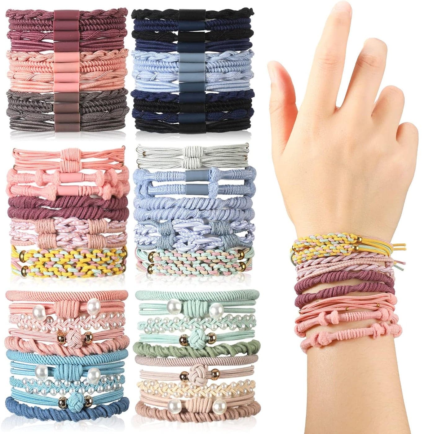 60 Pcs Boho DualUse Hair Ties and Bracelets Stylish Hair Bands and Elastics in 10 Lovely Colors for Women Girls with Thick Braids Ponytails