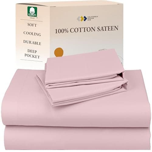 Queen Sheet Set - Natural 100% Cotton Bed Sheets Queen Size Bed Set with Deep Pockets, Soft Sateen Weave, Breathable, Cooling and Durable Bedding by California Design Den (Pink)