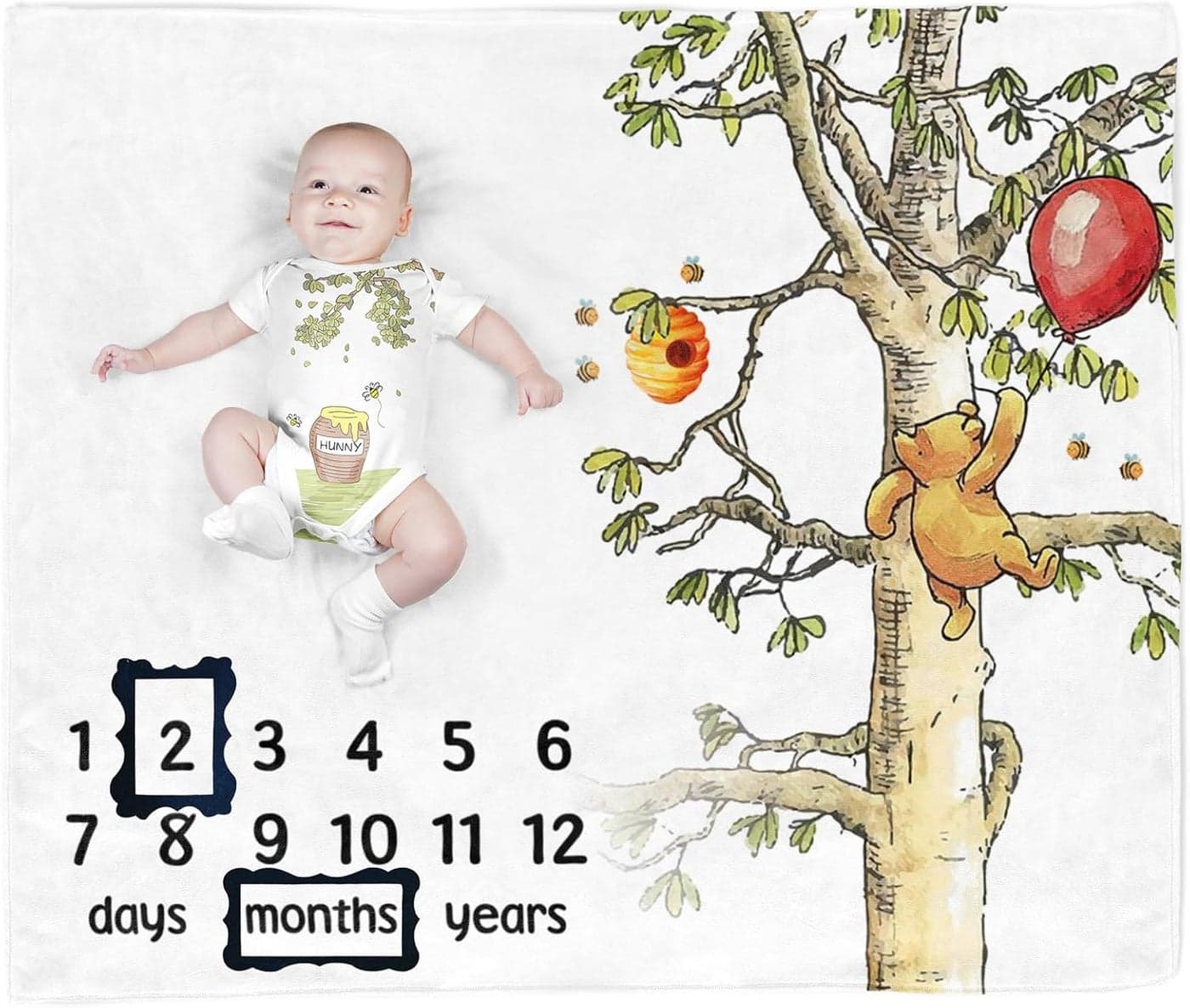 The Winnie Bear and Honey Baby Monthly Milestone Blanket Gift Stuff for Newborn Baby Boy Girl Photo Taken Age Blanket with 2 Frame
