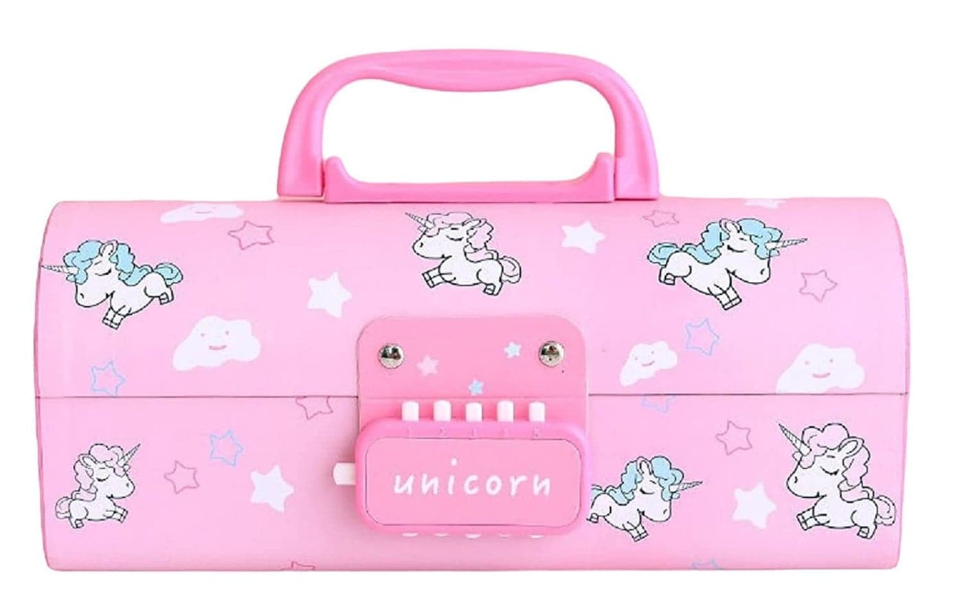 MANAKI ENTERPRISE Plastic Pen Pencil Box Suitcase Style Password Lock Pencil Case Multi-Layer Pencil Box Stationary Organizer Case for Boys Girls Kids (Unicorn Pink Pencil Case)