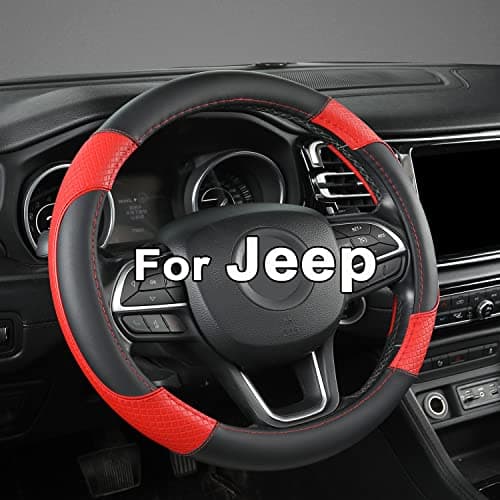 GIANT PANDA Steering Wheel Cover for Jeep Wrangler, Car Steering Wheel Cover for Jeep Grand Cherokee and Cherokee - Black+Red