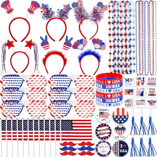 Lansian 4th of July Accessories Bulk Party Supplies, 146Pcs Patriotic Party Favors Set for Independence Day Decorations Memorial Day Celebrations USA Flags Party Parades Classroom Rewards for Kids