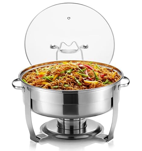 Chafing Dish for Buffet Set, by Kook, Catering Food Warmers, Round Dishes, Warmer Tray, Stainless Steel with Glass Cover and Holder, for Parties, Dinners, 4.5 Qt