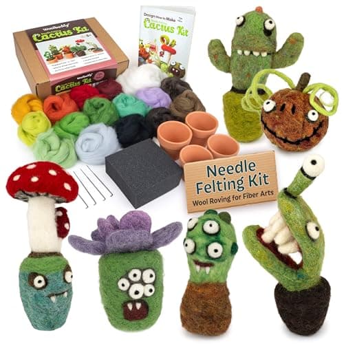 Woolbuddy Needle Felting Kit – Cactus & Succulent DIY Craft Kit for Adults & Beginners, Complete Felting Set with Clean Wool Roving, Felting Needles, Foam Pad & 4 Clay Pots | Cute Handmade Gift Idea