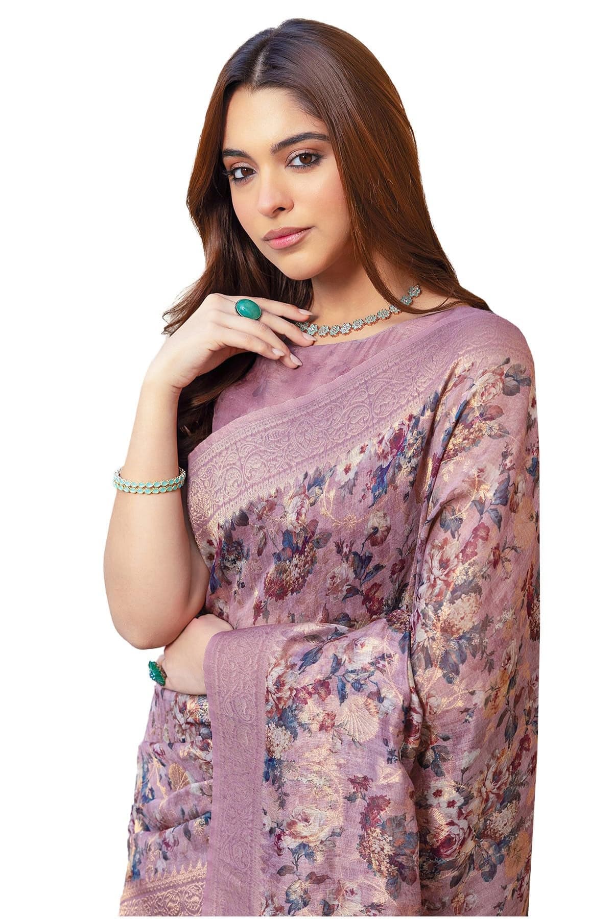 Soch Womens Earth Chanderi Floral Print Saree With Tassels