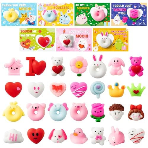 Haooryx Valentines Day Greeting Gifts Cards with Mochi Squishy Toys 28Pcs Mini Kawaii Heart Rose Stress Relief Squishy Sets for Kids Valentines Day School Classroom Prize Party Favor Gift Exchange