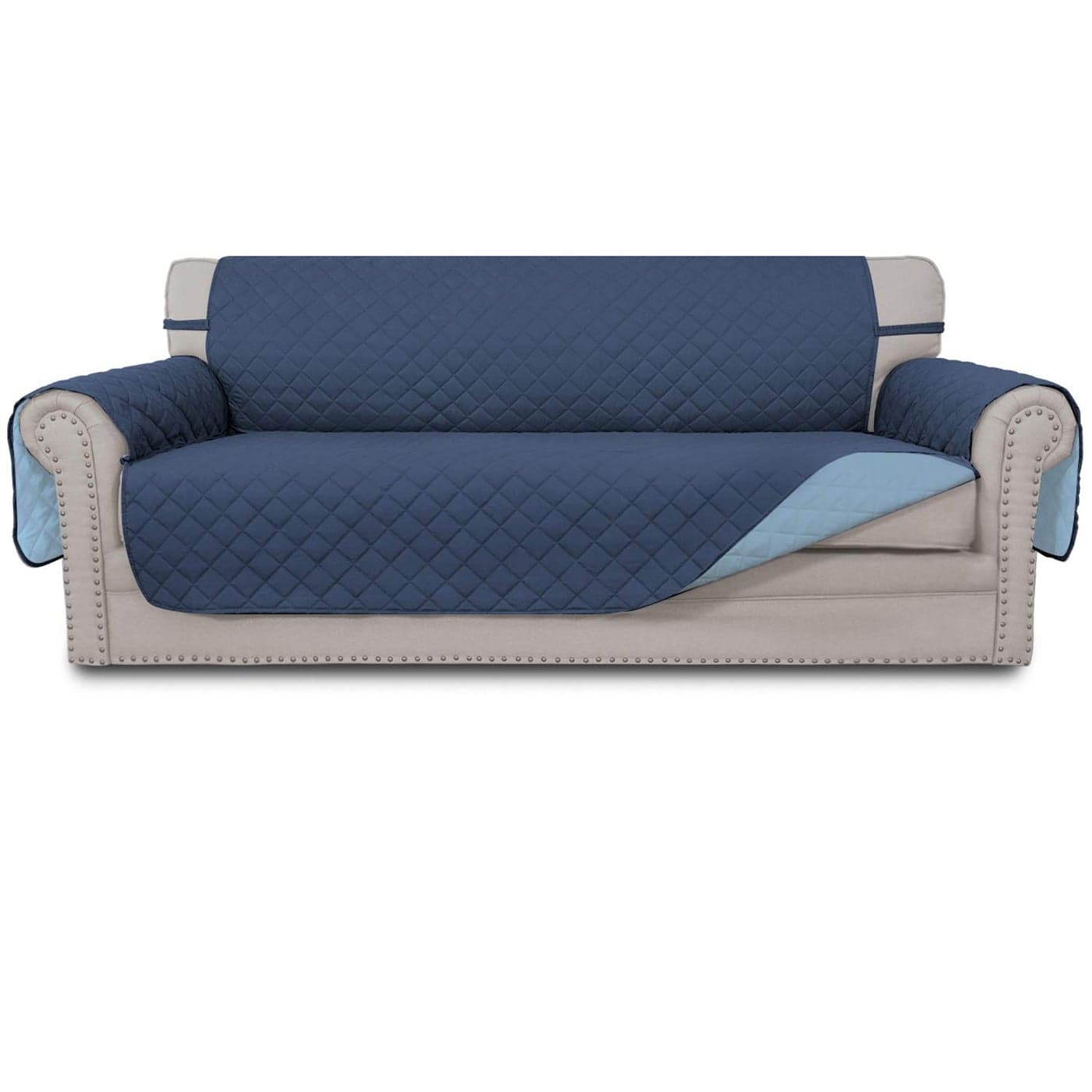 EasyGoing Reversible Couch Cover for 3 Cushion Couch Sofa Cover for Dogs Water Resistant Furniture Protector Cover with Foam Sticks Elastic Straps for Pet Cat Sofa Dark BlueLight Blue