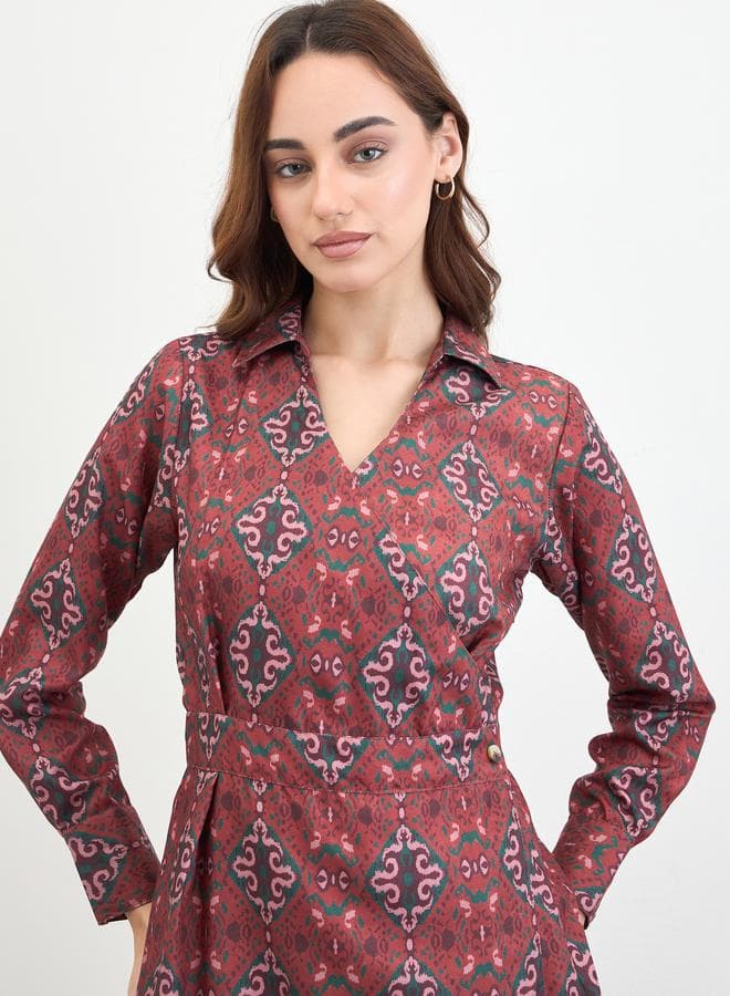 Brown Floral A-Line Midi Dress