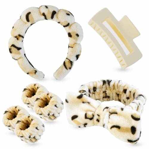 Yaqulen 7 Pcs Spa Set Facial Headband and Wristband Set Skincare Accessories College Style Girl Idea Gifts Hair Accessories for Women and Girls Beige Leopard