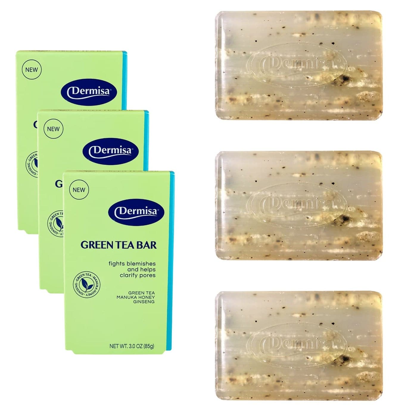 Dermisa Green Tea Bar Gentle Skin Cleansing and Exfoliation Contains Antioxidants Green Tea Manuka Honey Ginseng NO PARABENS NO SULFATES 3OZ per Pack 3