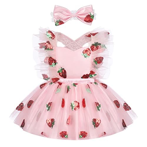Baby Girls 1st 2nd Birthday Outfit Sequins Strawberry Cherry Print Tulle Ruffle Sleeveless Backless Princess Tutu Dress with Headband Cake Smash Clothes for Photo Shoot Pink Strawberry 18-24 Months
