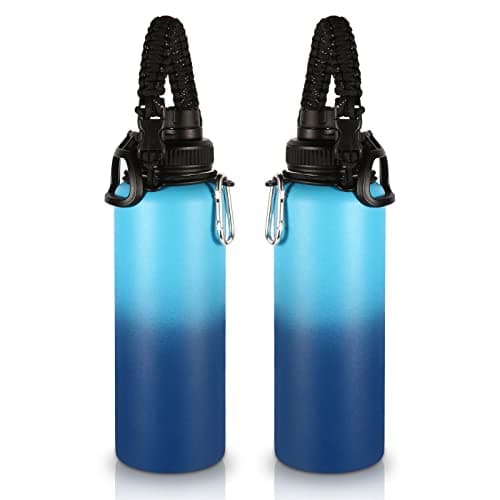 Volhoply Insulated Water Bottles Bulk 2 Pack, 40 oz Stainless Steel Sports Bottle with Paracord Handle & Spout Lid,Metal Water Cups with Wide Mouth,Reusable Water jug for Adults(Green Pink,2 Set)