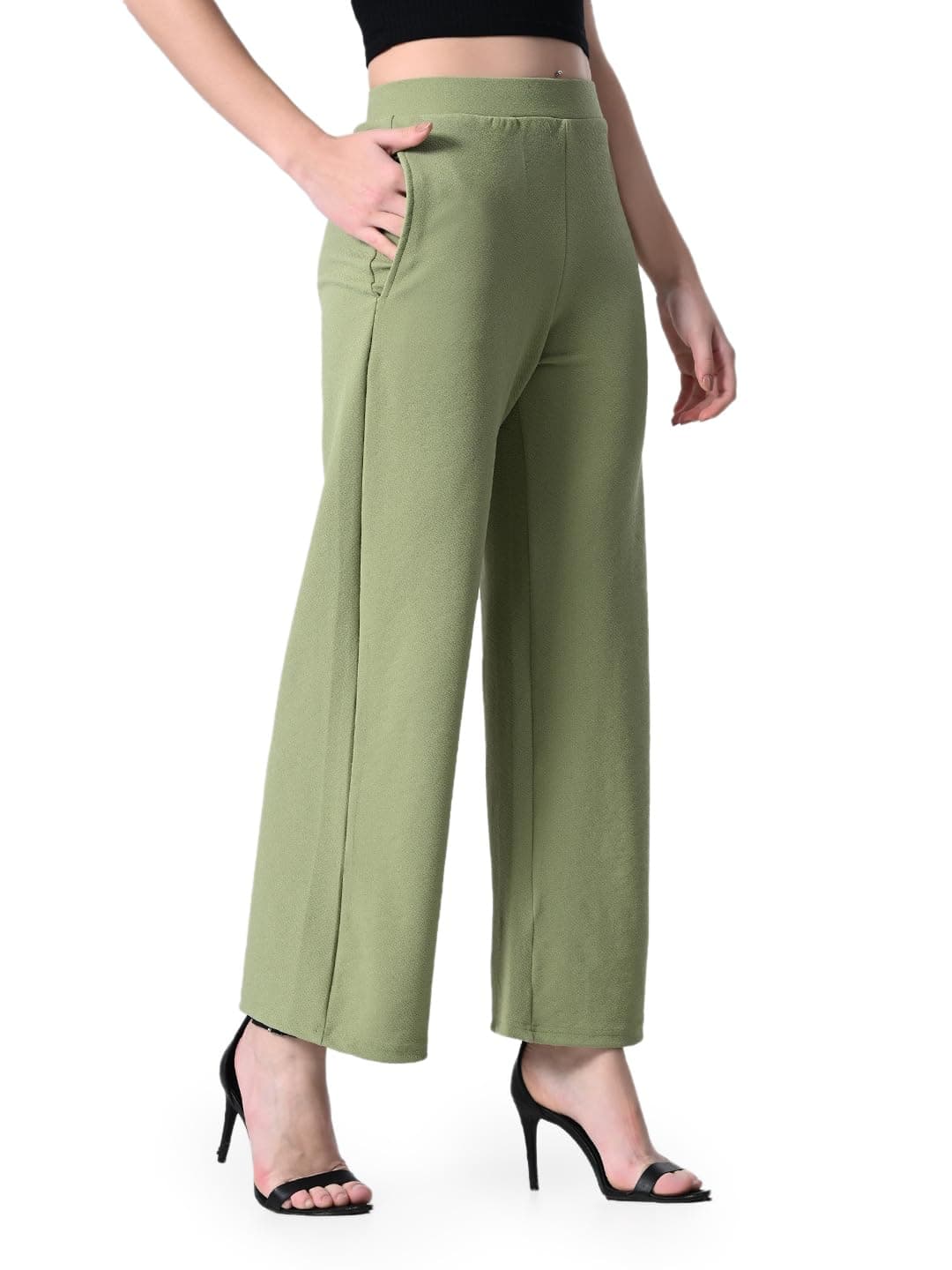 OWL MINK Women High Rise High Waist Straight Trousers,Solid Korean Stretchable Pants, Regular Fit Elastic Waist Formal Trouser for Casual & Office Wear (in, Numeric, 32, Pistachio)