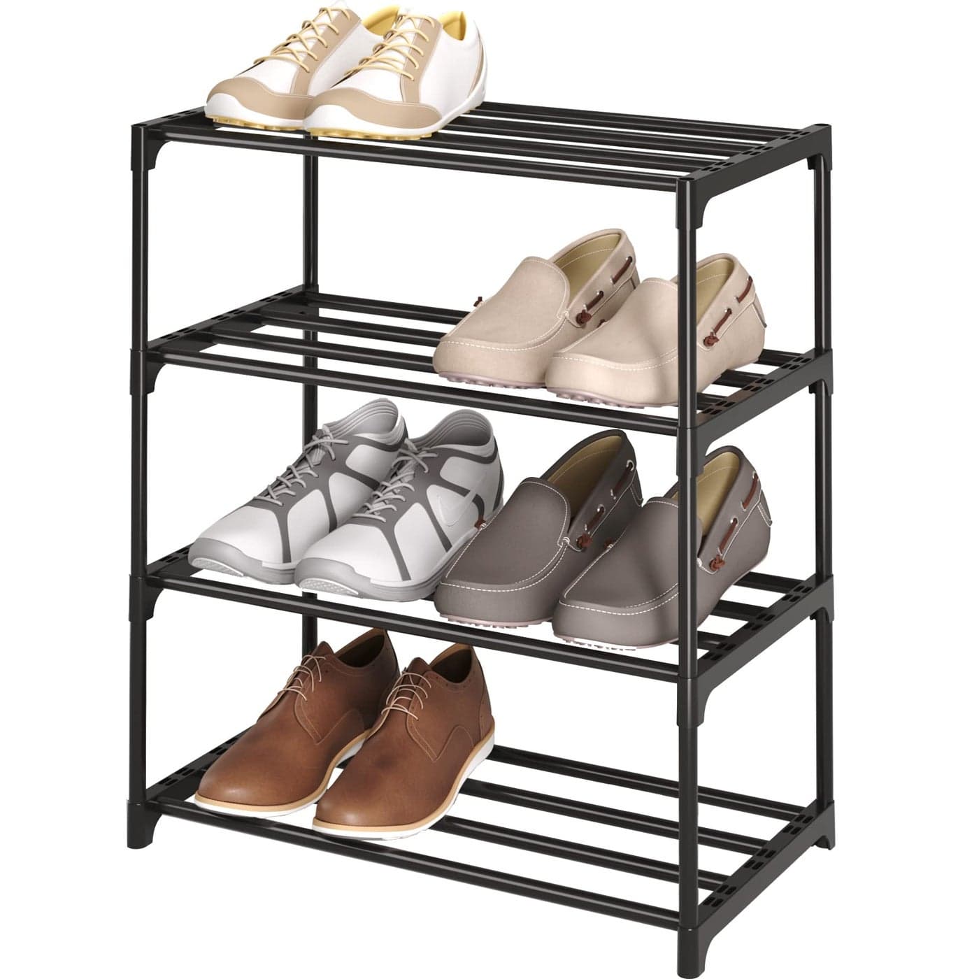 4Tier Small Shoe Rack Metal Stackable Kids Shoe Shelf Storage Zapateras OrganizerNarrow Shoe Rack Sturdy for Closet Hallway Entryway Living Room Bedroom Black