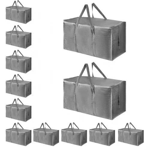12 Pack-Extra Large Heavy Duty Moving Bags - Waterproof Storage Totes with Handles & Zippers, Foldable for College Dorm, Storage (Gray)