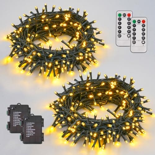 YEGUO String Lights Battery Operated 2 Pack Each 33ft 100 LED Warm White Christmas Lights Outdoor Waterproof 8 Modes Green Wire Fairy Light Indoor with Remote