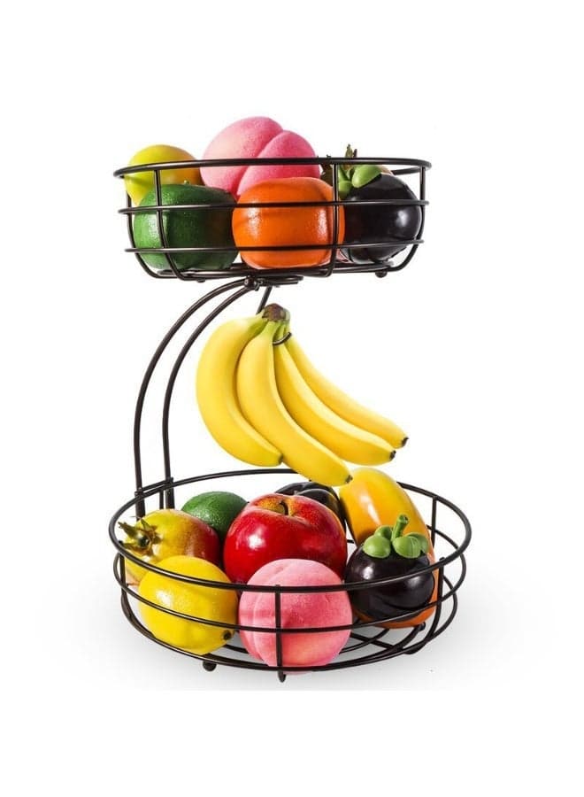2-Tier Metal Storage Rack With Banana Hooks, Detachable Fruit Basket Organizer, Multi-Function Rust-Proof Home Display Stand