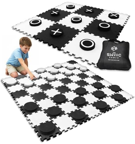 Swooc Games 2in1 Premium Giant Checkers Tic Tac Toe Game 4ft x 4ft 100 High Density EVA Foam Mat Pieces Extra Large Checkers Set with Jumbo Checkerboard and Yard Size Tic Tac Toss