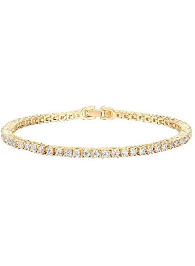14K Gold Plated Cubic Zirconia Classic Tennis Bracelet | Gold Bracelets for Women | 4mm CZ, Size 6.5-7.5 Inch