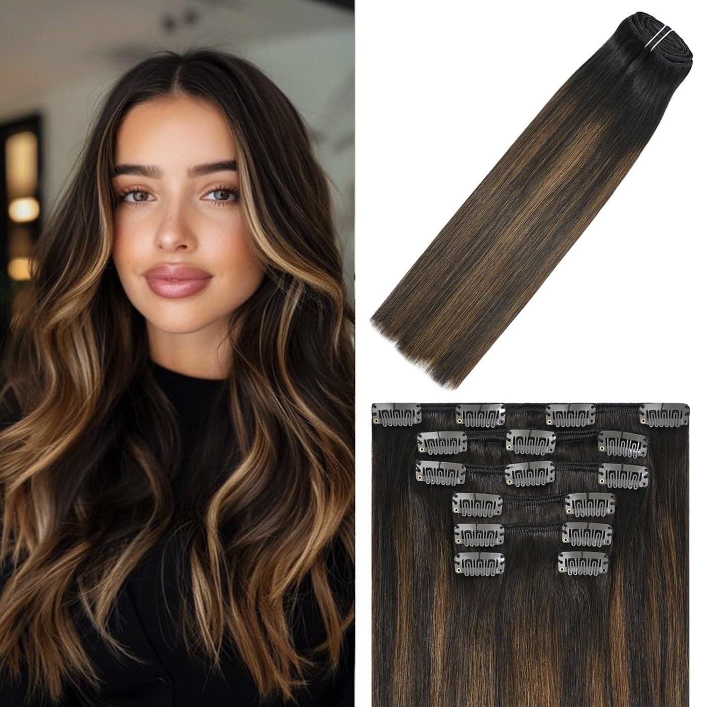 WindTouch Clip in Hair Extensions Real Human Hair 14 Inch 120g 7pcs 2T6P2 Dark Brown to Chestnut Brown Hair Extensions Clip Ins Balayage Clip in Hair Extensions for Women