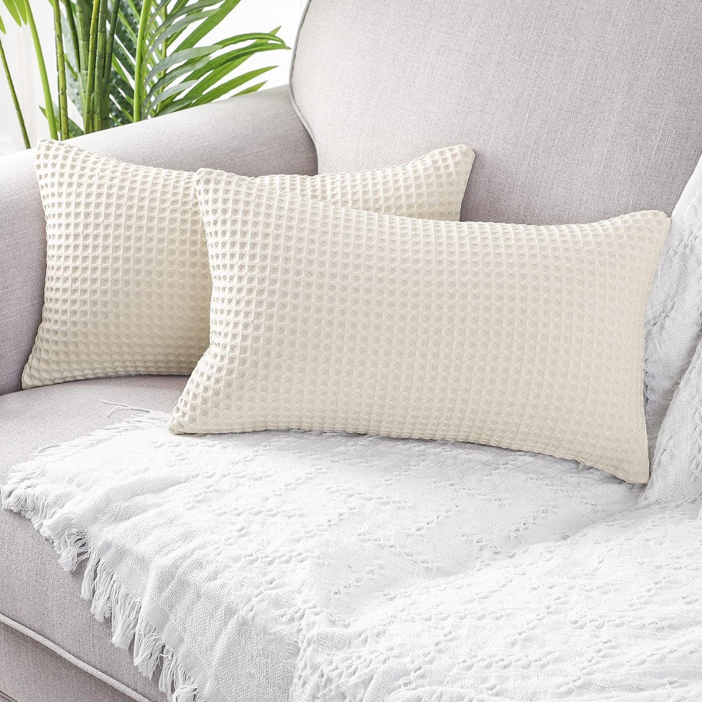 MANDIOO Set of 2 Lumbar Waffle Textured Decorative Throw Pillow Covers Soft Solid Cotton Cushion Cases Luxury Pillowcases for Couch Sofa Bed 12x20 Inches Beige