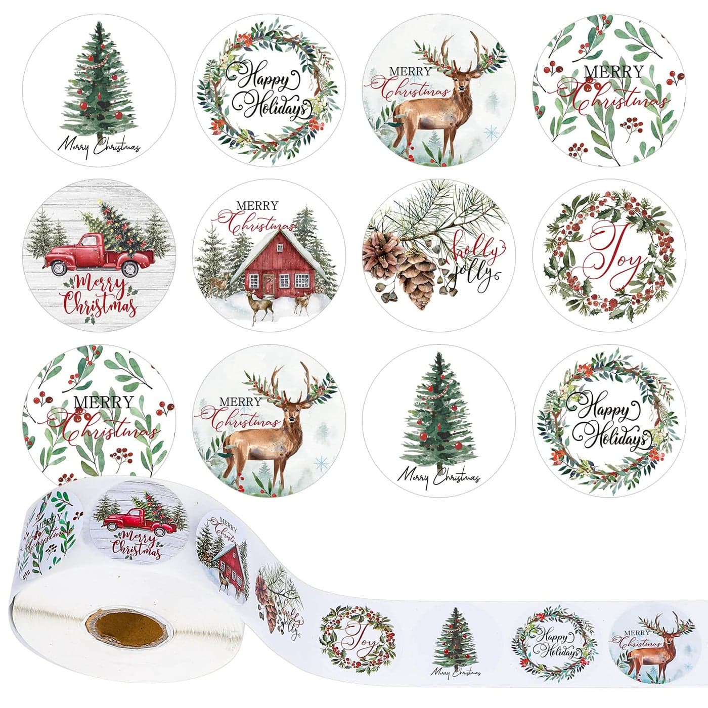 Waline Assorted 15Inch Round Stickers in Roll 8 Rustic Christmas Designs for Wreaths Trees Cards More