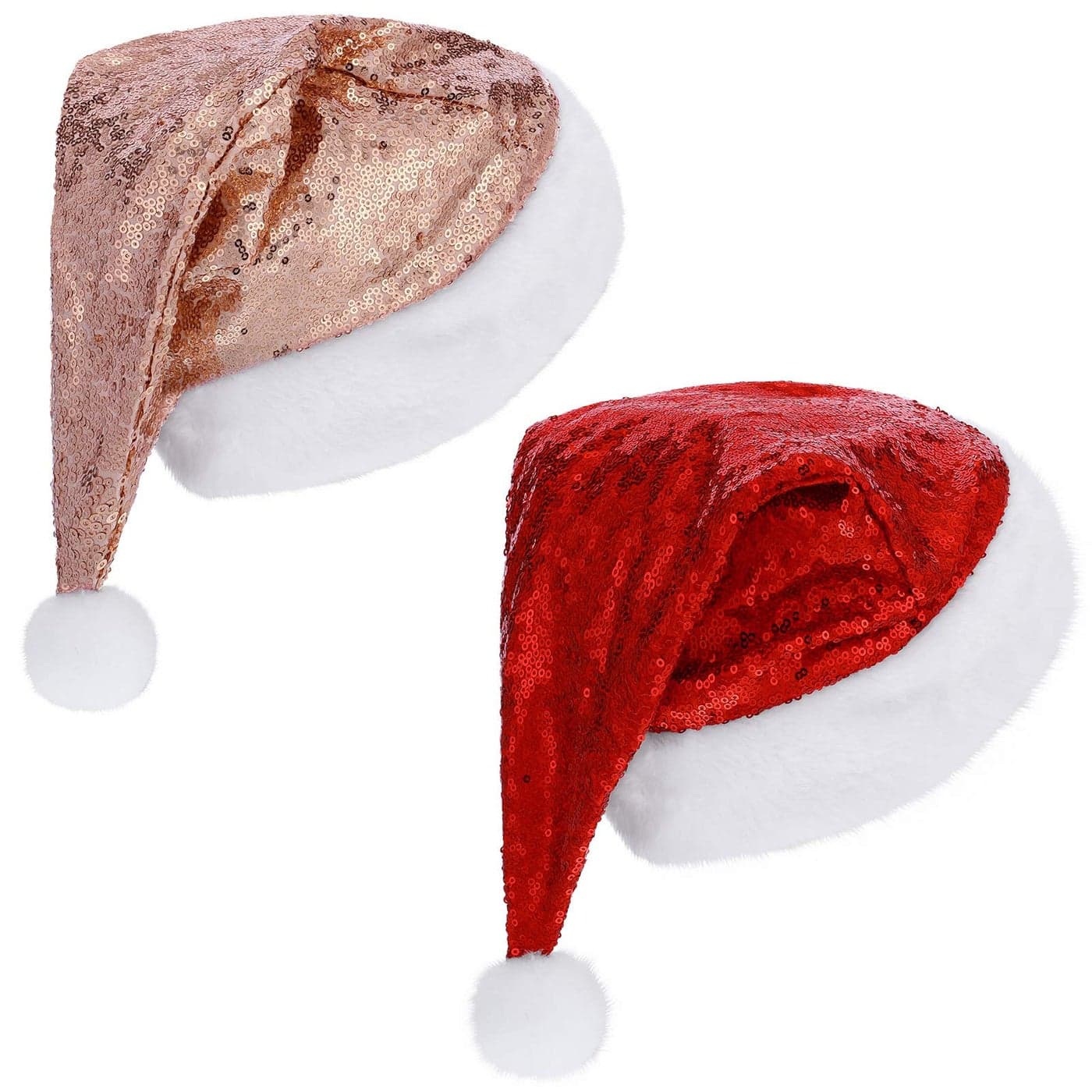 Syhood 2 Pieces Christmas Sequin Santa Hat Sparkly Glitter Hats for Christmas New Year Holiday Adults Party SuppliesRose Gold Red