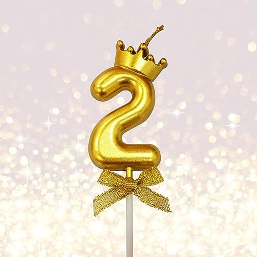 FI - FLICK IN 1 Pc 2 Number Candle for Birthday Cake Metallic Gold Number Candle with Crown on Top for Anniversary Cake Topper 2nd Birthday Cake Decoration (Pack of 1, Gold).