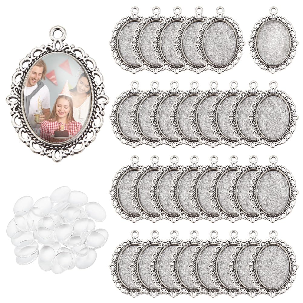 PH PandaHall 60pcs Bezel Pendant Blanks Settings 30pcs Oval Pendant Trays Photo Charms with 30pcs Glass Cabochons for Wedding Brides Bridal Bouquet Charm Necklace Jewelry Making 25x18mm