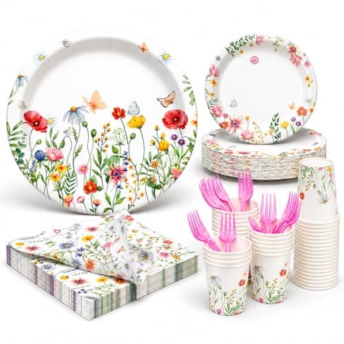 EggSun Wildflower Party Plates and Napkins supplies, Floral Paper Plates Wildflower Baby ShowerDecorations Tableware for Spring Summer Pinic Wedding Birthday Tea Party Service 24 Guests