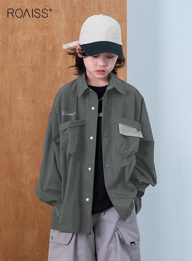 Boy Sylish Shirt with Snap Buttons Closure and 2 Chest Pockets, Baggy Shirt Jacket, Long Sleeve Shacket for Boys, Suitable for Daily Wear, School and Outdoor Activities