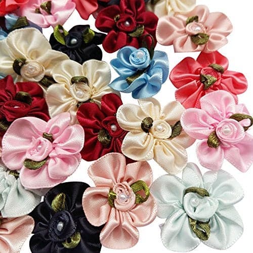 Chenkou Craft 40pcs Satin Ribbon Flower Bows Rose Craft Wedding Sewing Appliques Polyester RoseA0041