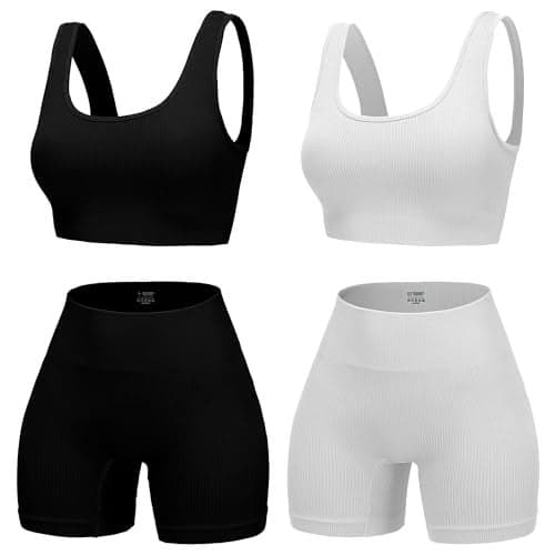 YWBIN 4 Piece Workout Sets for Women Seamless Ribbed High Waist Yoga shorts with Sports Bra Outfits