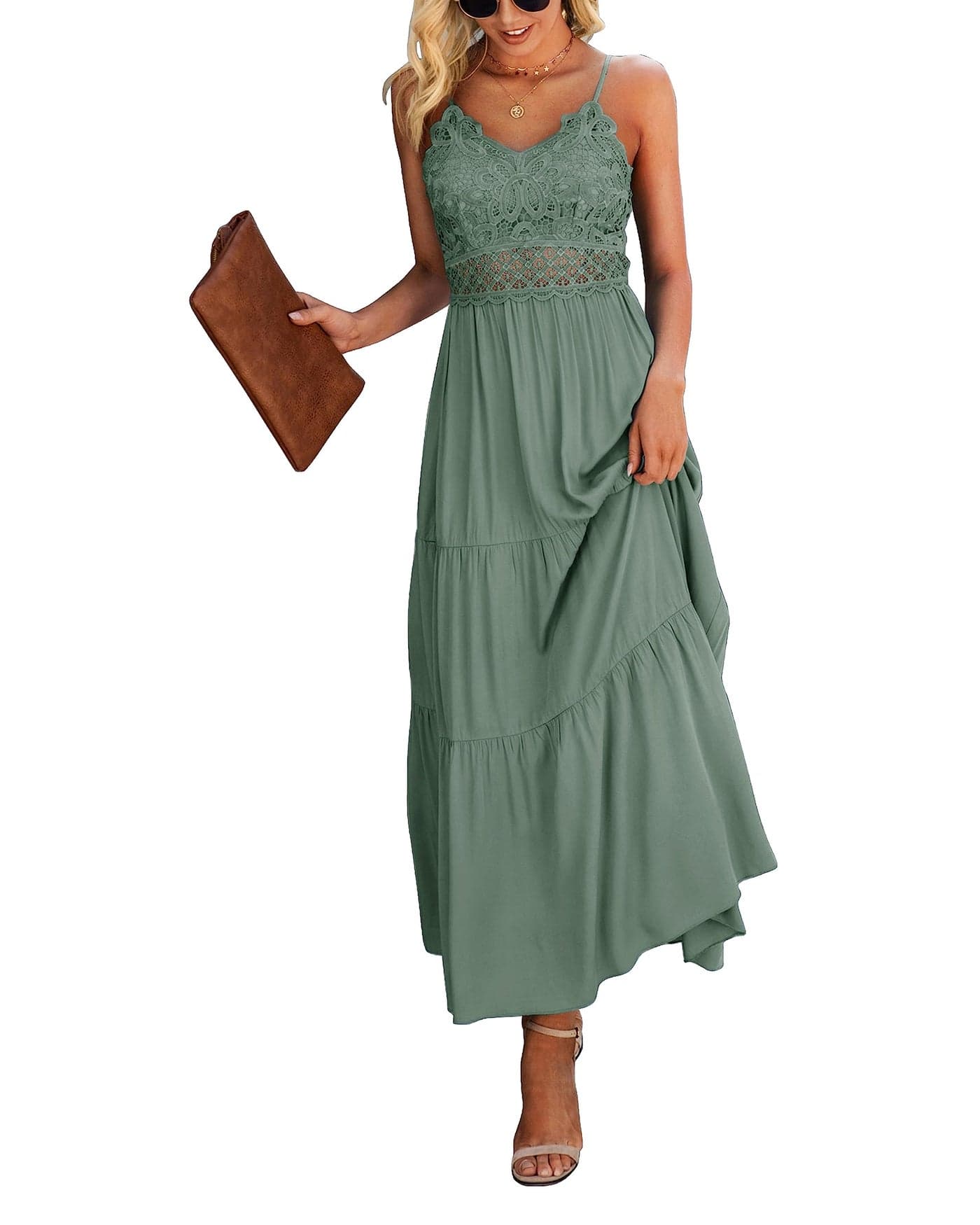Dokuritu Women's Beach Crochet Lace Maxi Dress Wedding Guest Bridesmaid Cocktail Summer Spaghetti Strap Long Sage Green Dresses 2025(SproutGreen,L)