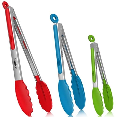 Walfos Silicone Tongs for Cooking - Heat Resistant kitchen tongs for Salad,Cooking, Grilling,Stainless Steel and BPA Free Silicone Tips set of 3 (7" 9" and 12 inch)