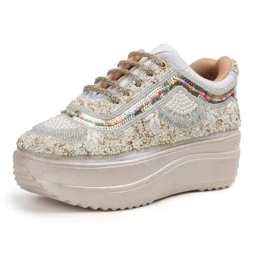 Vendoz Women Hand Embroidery Wedding Party Bridal Floral High Heel Sneakers I Cushioned Insole I Comfortable Wear Wedge Shoes I for Ladies and Girls White
