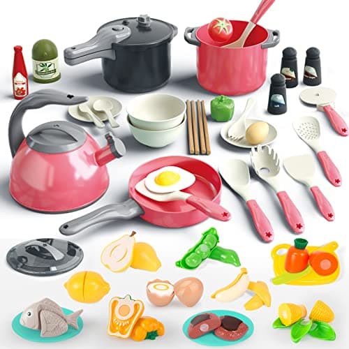 Bruvoalon 67Pcs Kids Play Kitchen Toys Set Toddlers Pretend Cooking Playset Acccessories with Pots Pans Utensils Cookware Foods Canned Veges Learning Gift for Kids Girls Boys Red