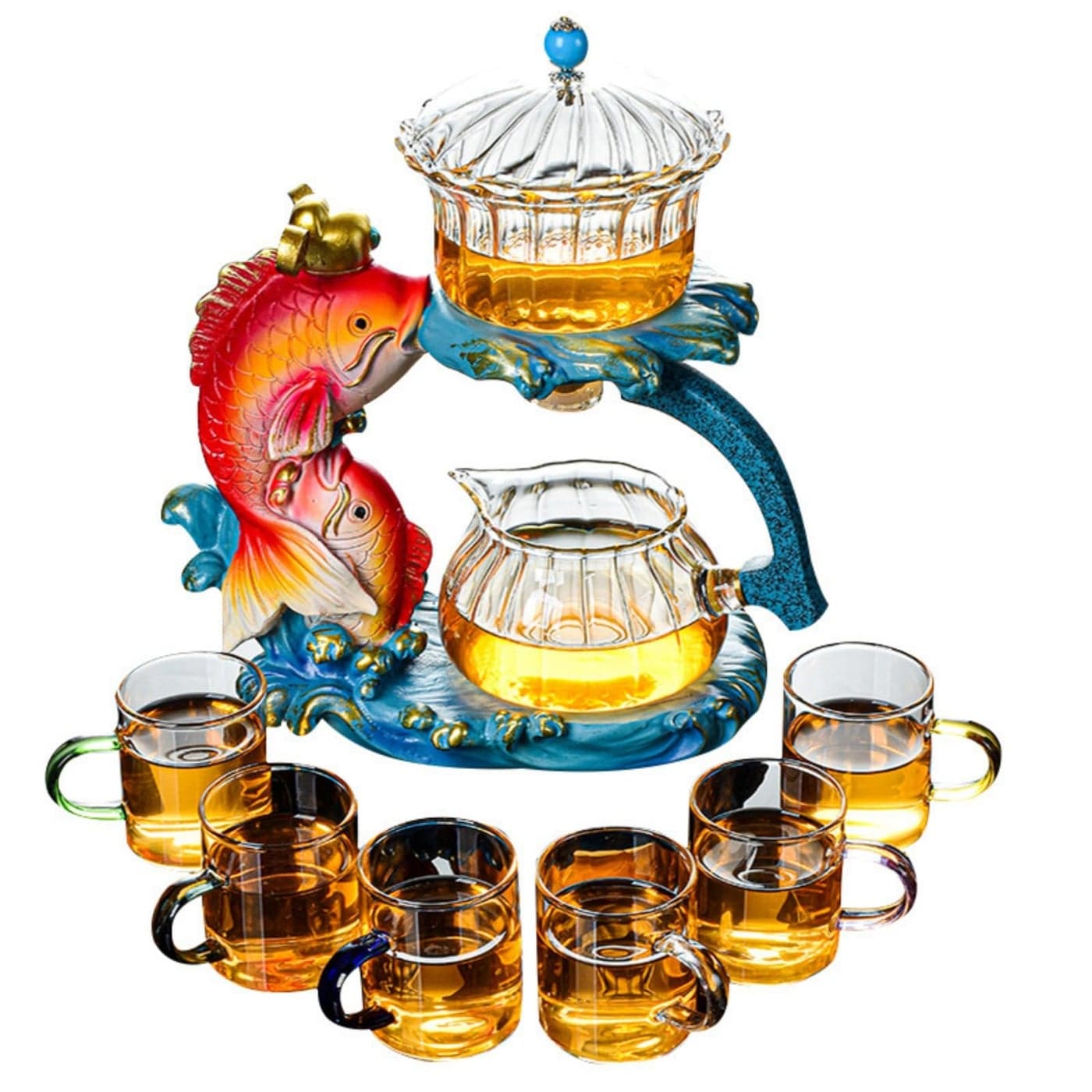 Mozeo Creative Full Semiautomatic Tea Set Glass Lazy Kung Fu Teacup set Heatresistant Tea Maker Pot Teapot Fish Teapot A 6pcs cups
