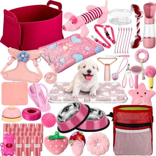 Abbylike 50 Pcs Puppy Supplies Starter Kit for Small Dogs Puppy Essentials Includes Leash Bowls Teeth Brushes Water Bottle and More Accessories for Dogs Pet Day Welcome GiftPink