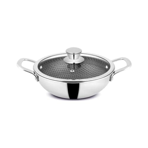 Orange Triply Stainless Steel Honeycomb Non-Stick Deep Kadai/Kadhai with Glass Lid (3.5Ltr, 26cm) | Induction & Gas Stove Capatible | Metal Spoon Friendly | 2.5mm Thickness | 5Year Warranty