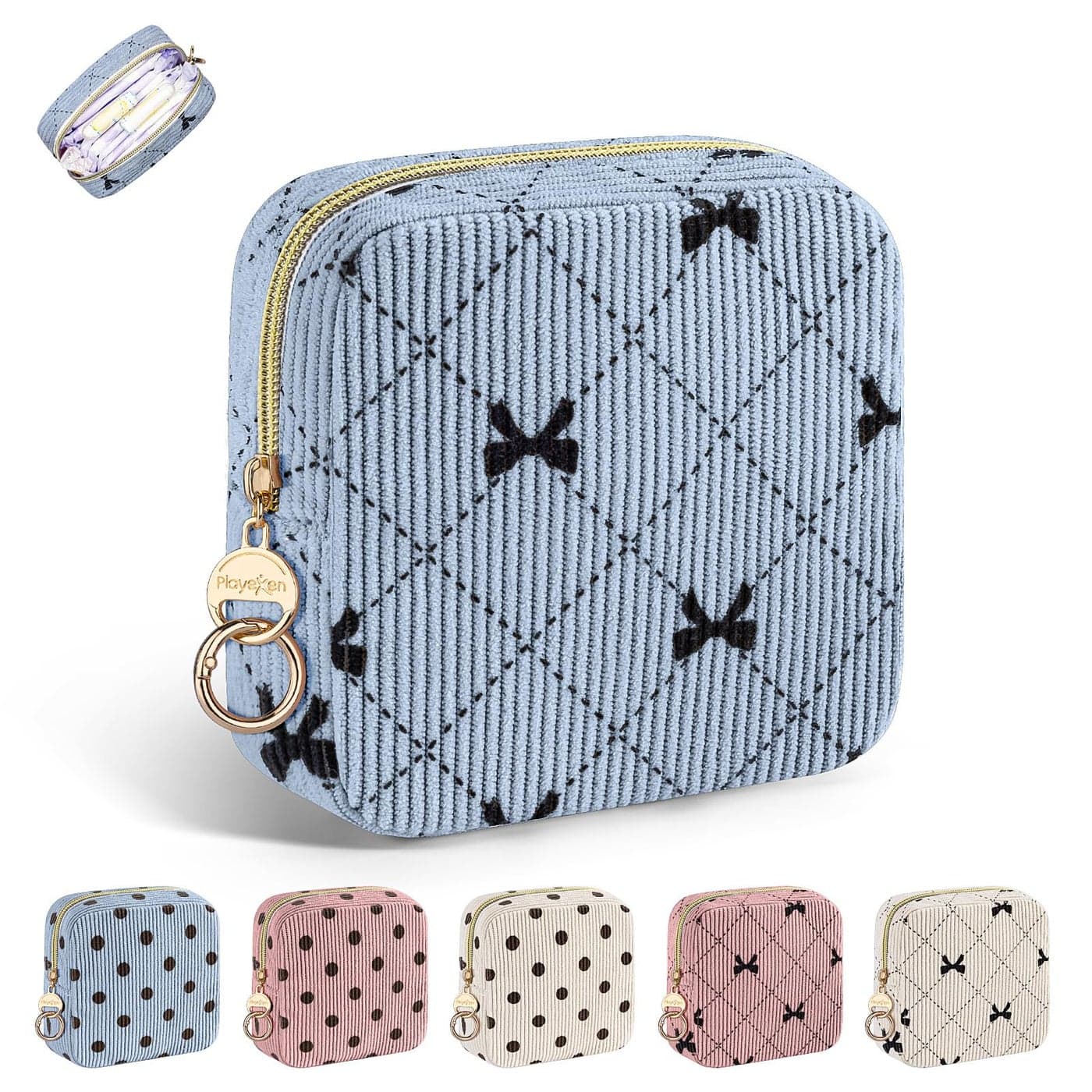 Playexen Period Bag for Teen Girls Corduroy Cute Sanitary Napkin Storage Bag Menstrual Pad Tampon Holder for Purse BlueBow Tie